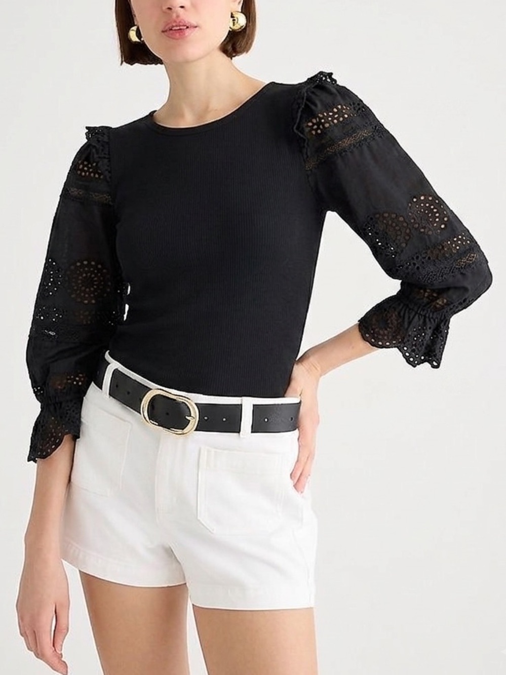 J. CREW Ruffle-Trim Eyelet Top in Vintage Rib - Black - Large - BT680